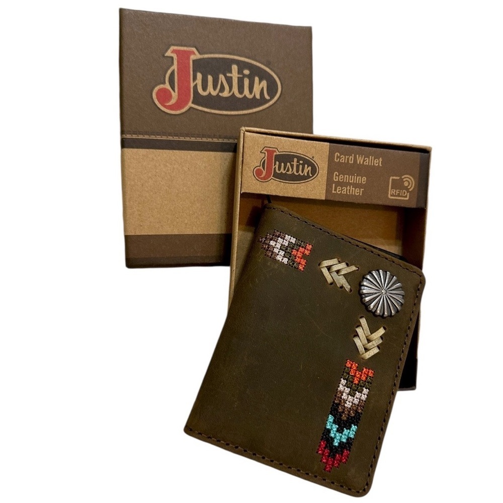 New Justin Boots Genuine Leather Card Wallet Tribal Western Colorful Embroidery
